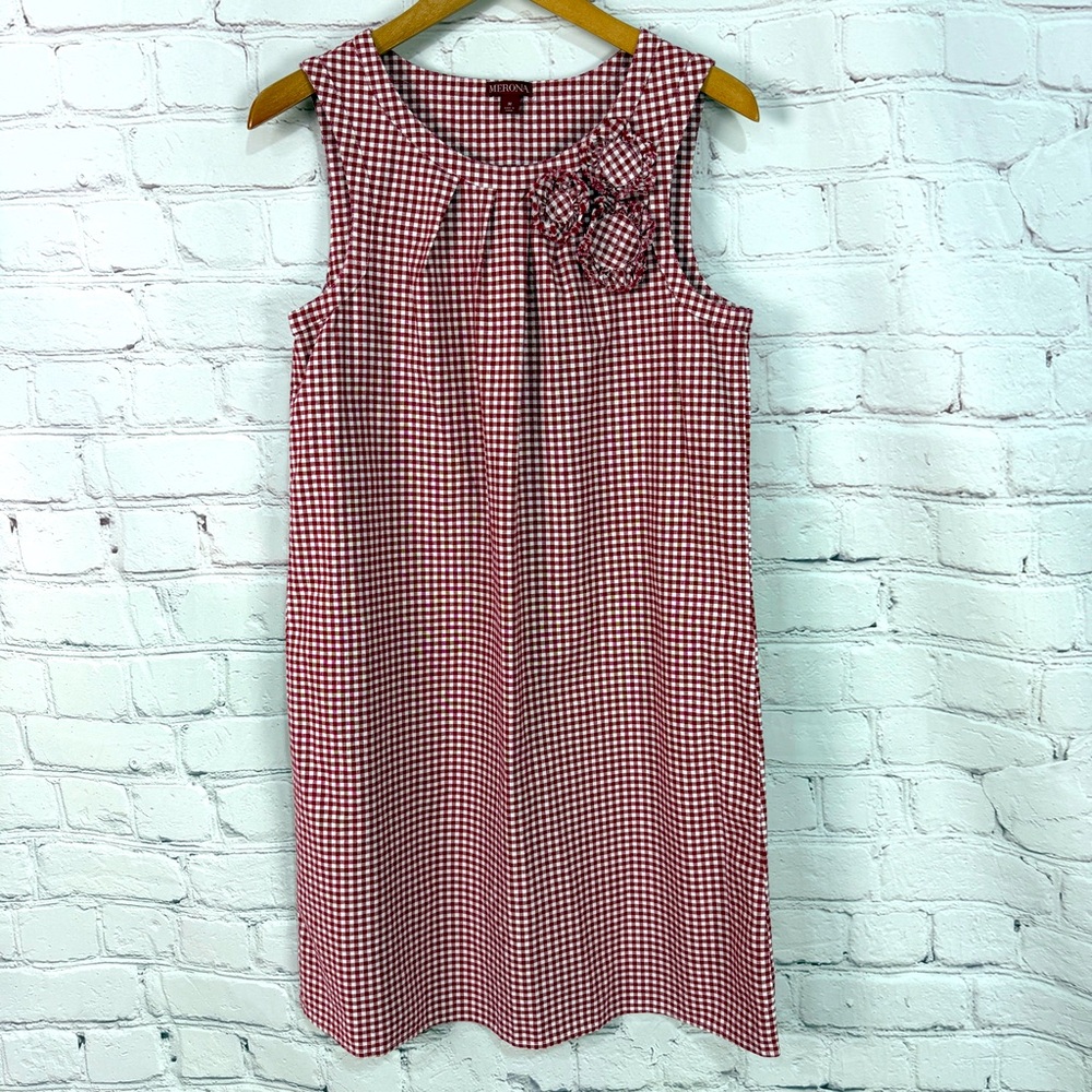 Merona Red and White Gingham Sleeveless Midi Dress with Floral Accent